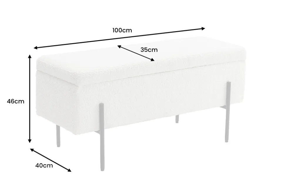 Moderne Truhenbank LOFT 100cm weiß Bouclé Sitzbank mit Stauraum gepolstert schwarz Metall