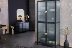 Moderne Vitrine AMSTERDAM 180cm schwarz gold Riffelglas Metall Highboard Schrank