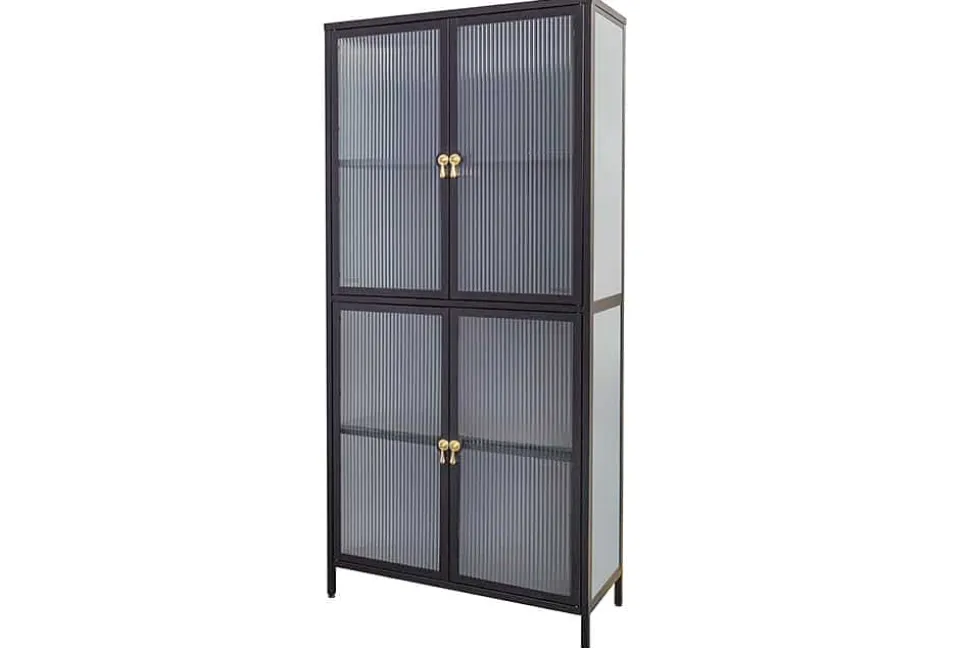 Moderne Vitrine AMSTERDAM 180cm schwarz gold Riffelglas Metall Highboard Schrank