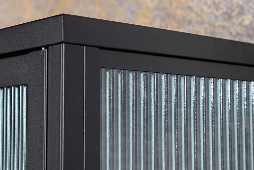 Moderne Vitrine AMSTERDAM 160cm schwarz gold Riffelglas Metall Highboard Schrank