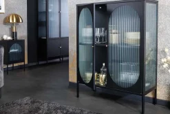 Moderne Vitrine PARIS 110cm schwarz gold Riffelglas Metall Sideboard Schrank