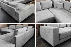 Moderne Wohnlandschaft KENT 220cm grau Strickstoff Ecksofa inkl. Hocker und Kissen