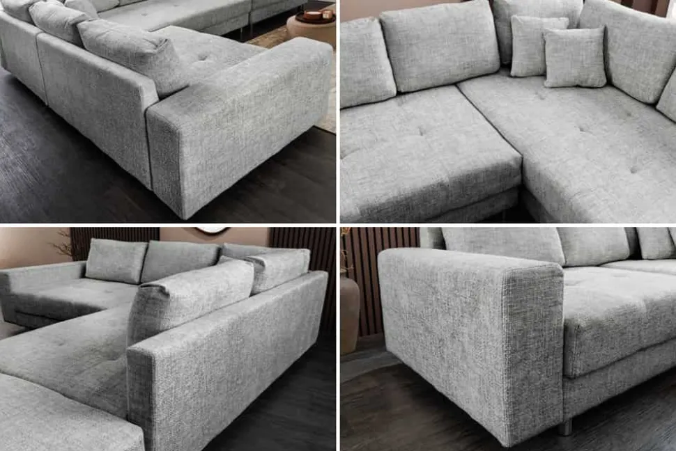 Moderne Wohnlandschaft KENT 220cm grau Strickstoff Ecksofa inkl. Hocker und Kissen