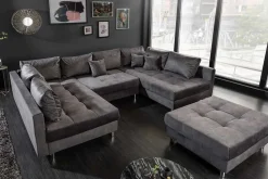 Moderne XXL Wohnlandschaft KENT 305cm grau Samt Bigsofa inkl. Hocker Federkern