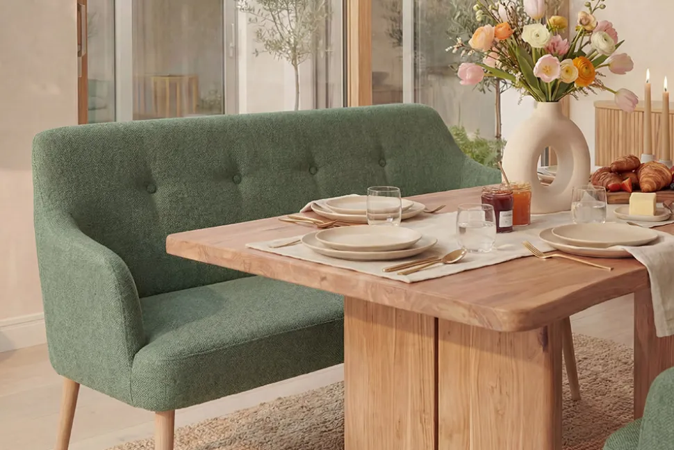 Nordische Sitzbank SCANDINAVIA MEISTERSTÜCK 115cm salbei natur Massivholz mit Armlehne