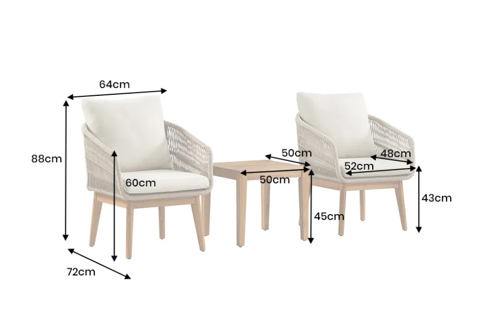 Outdoor Gartenlounge ROPE natur taupe Akazie 2er-Sitzgruppe inkl. Tisch und Kissen