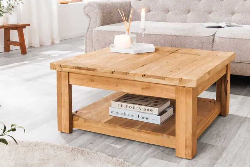 Quadratischer Couchtisch JAVA 70cm natur recyceltes Teakholz mit Ablagefach