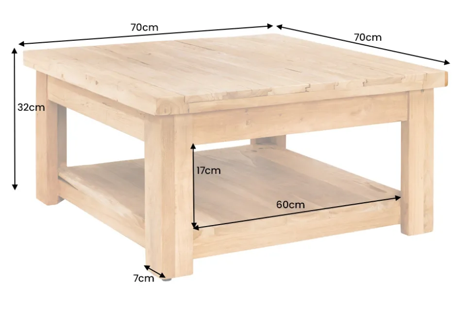 Quadratischer Couchtisch JAVA 70cm natur recyceltes Teakholz mit Ablagefach