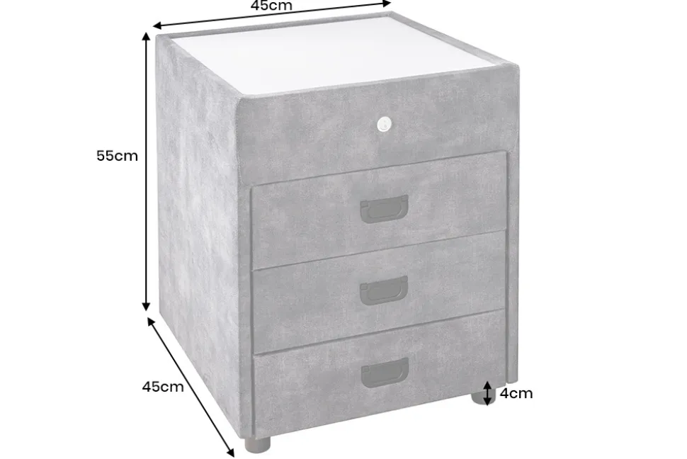 Quadratischer Nachttisch PARIS 55cm grau Samt inkl. Beleuchtung und Schubladen