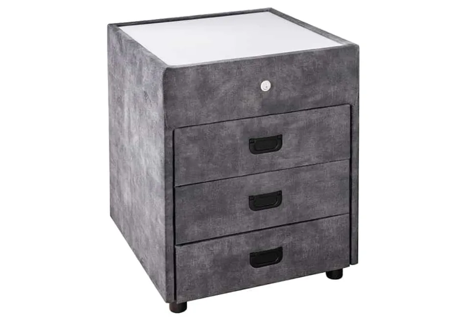 Quadratischer Nachttisch PARIS 55cm grau Samt inkl. Beleuchtung und Schubladen