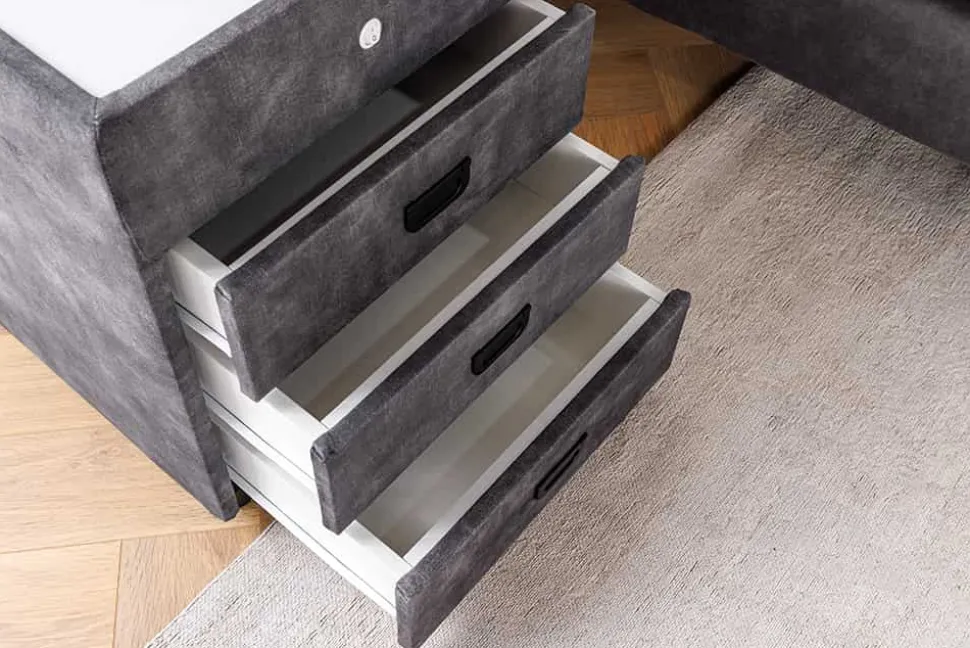 Quadratischer Nachttisch PARIS 55cm grau Samt inkl. Beleuchtung und Schubladen