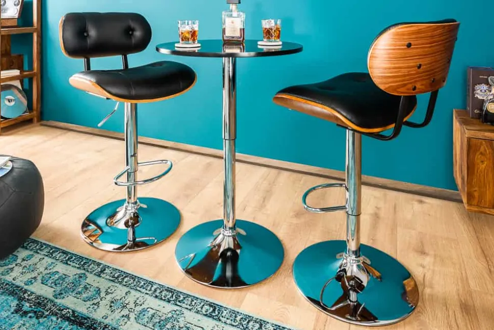 Retro Barhocker CLASSICO schwarz 115cm höhenverstellbar mit Lehne Walnussholz-Design