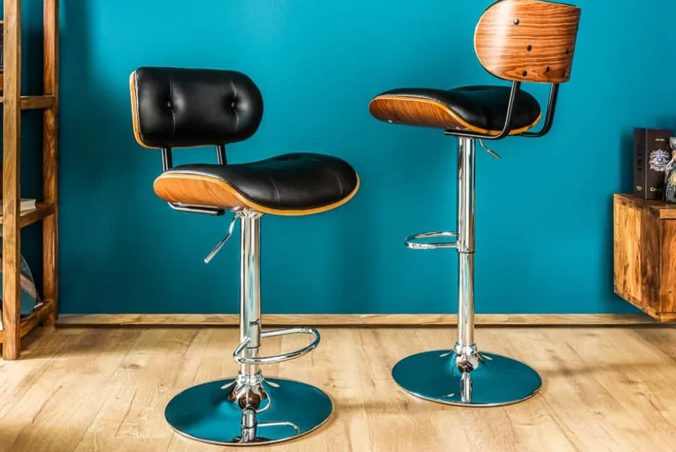 Retro Barhocker CLASSICO schwarz 115cm höhenverstellbar mit Lehne Walnussholz-Design