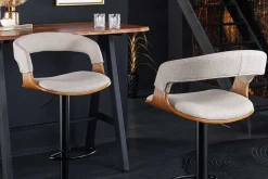 Retro Barhocker MANHATTAN beige Strukturstoff Eschenholz drehbar höhenverstellbar