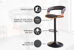 Retro Barhocker MANHATTAN schwarz Kunstleder Walnussholz drehbar höhenverstellbar