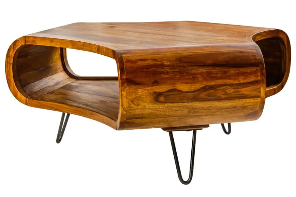 Retro Couchtisch ORGANIC LIVING 90cm braun Sheesham Massivholz stone finish Stauraum