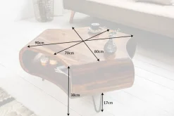 Retro Couchtisch ORGANIC LIVING 90cm braun Sheesham Massivholz stone finish Stauraum