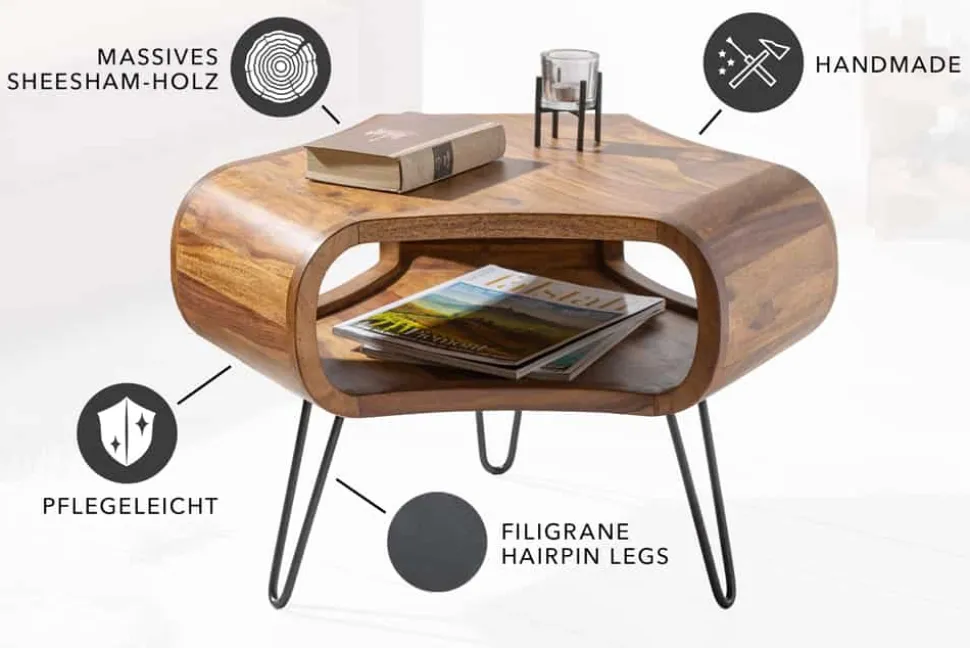 Retro Couchtisch ORGANIC LIVING 70cm braun Sheesham Massivholz stone finish Stauraum