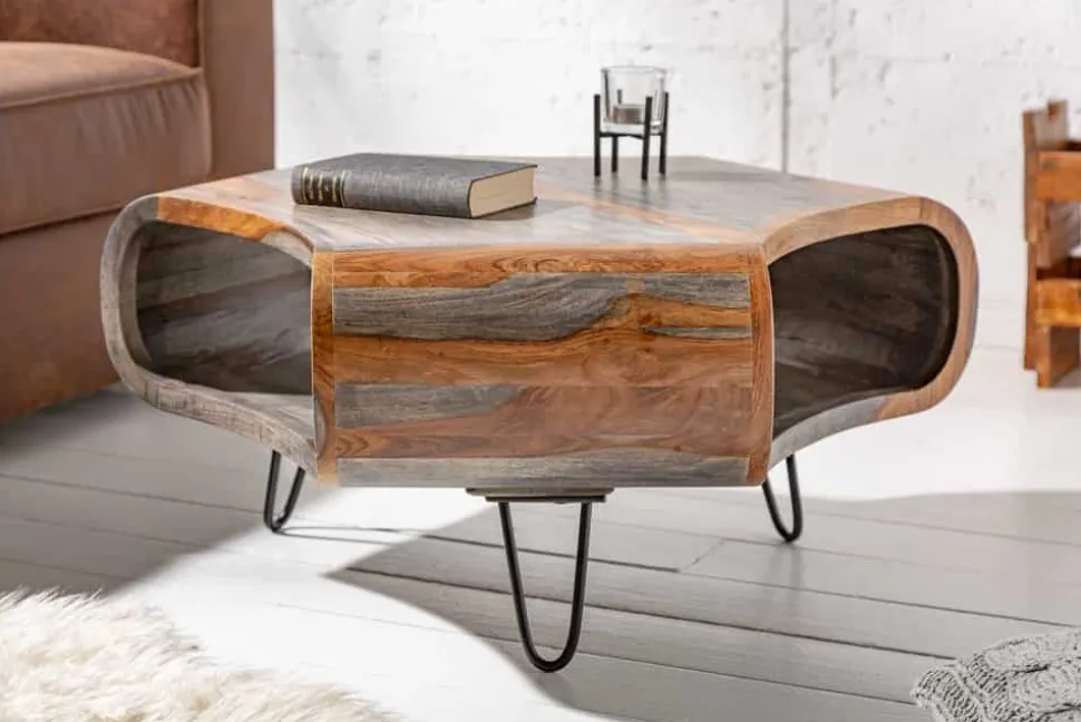 Retro Couchtisch ORGANIC LIVING 80cm grau smoke finish Sheesham Palisander Massivholz Hairpin Legs
