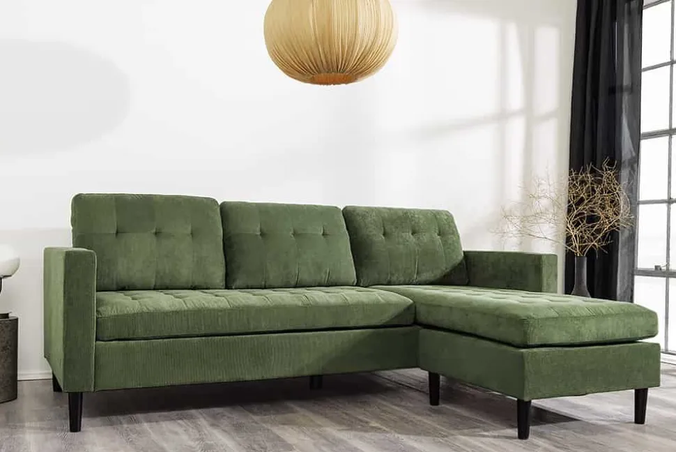 Retro Ecksofa STOCKHOLM 220cm grün Cordstoff Federkern 3-Sitzer