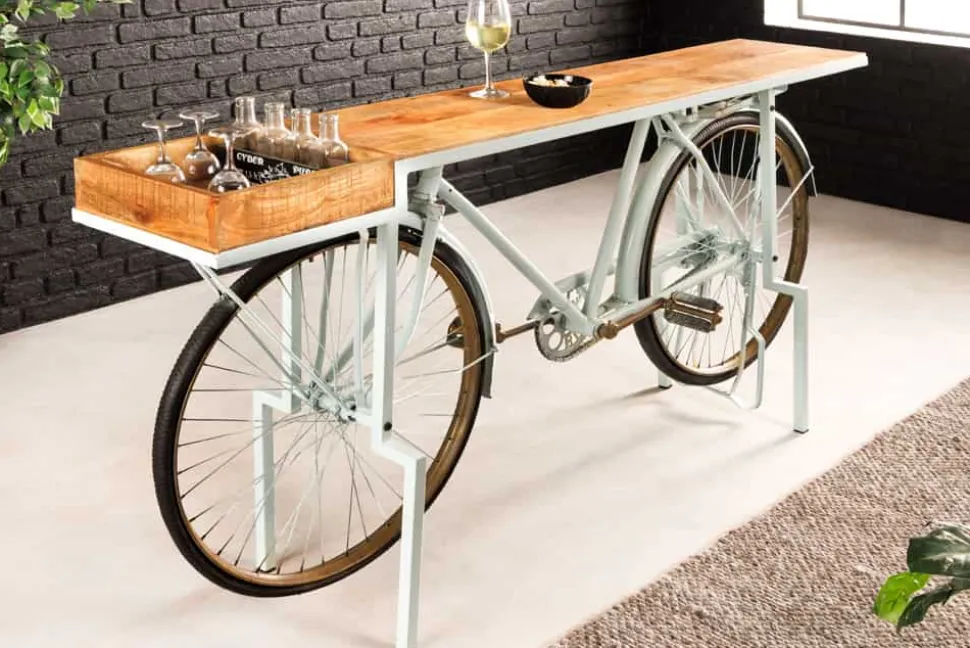 Retro Konsolentisch BICYCLE 190cm salbei natur Mangoholz Fahrrad Bartisch Upcycling
