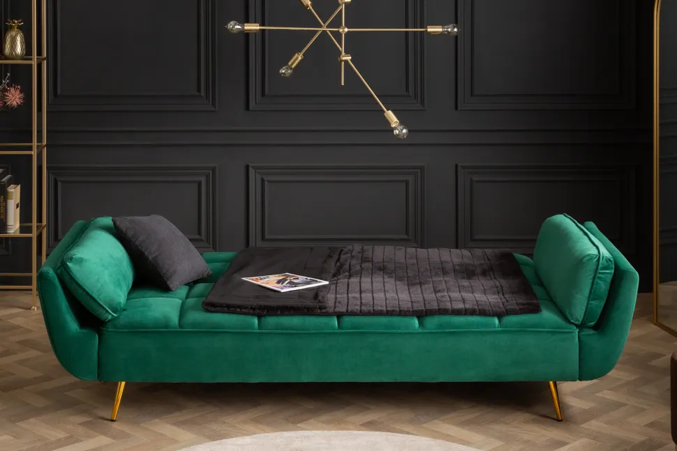 Retro Schlafsofa BOUTIQUE 215cm smaragdgrün Samt 3-Sitzer mit goldenen Füßen