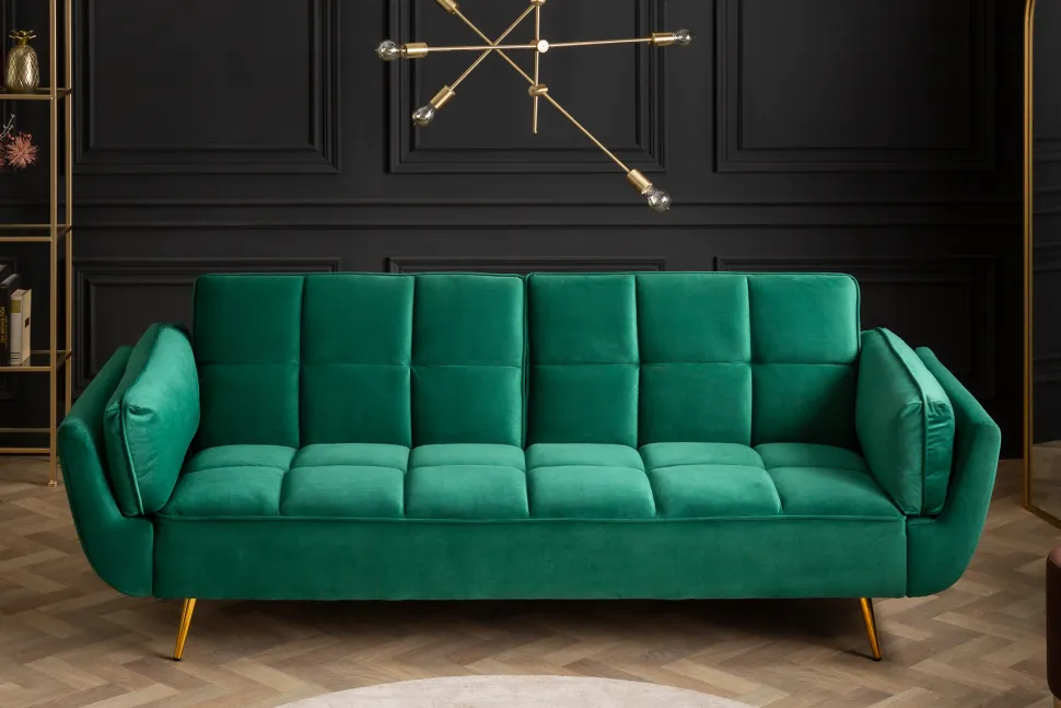 Retro Schlafsofa BOUTIQUE 215cm smaragdgrün Samt 3-Sitzer mit goldenen Füßen