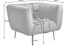 Retro Sessel NOBLESSE 105cm grau Samt schwarze Metallfüße Federkern Ziersteppung