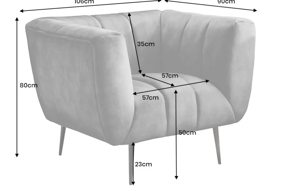 Retro Sessel NOBLESSE 105cm grau Samt schwarze Metallfüße Federkern Ziersteppung