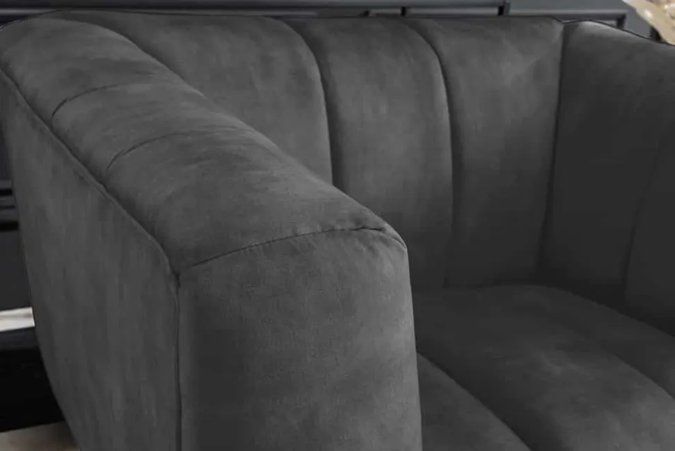 Retro Sessel NOBLESSE 105cm grau Samt schwarze Metallfüße Federkern Ziersteppung