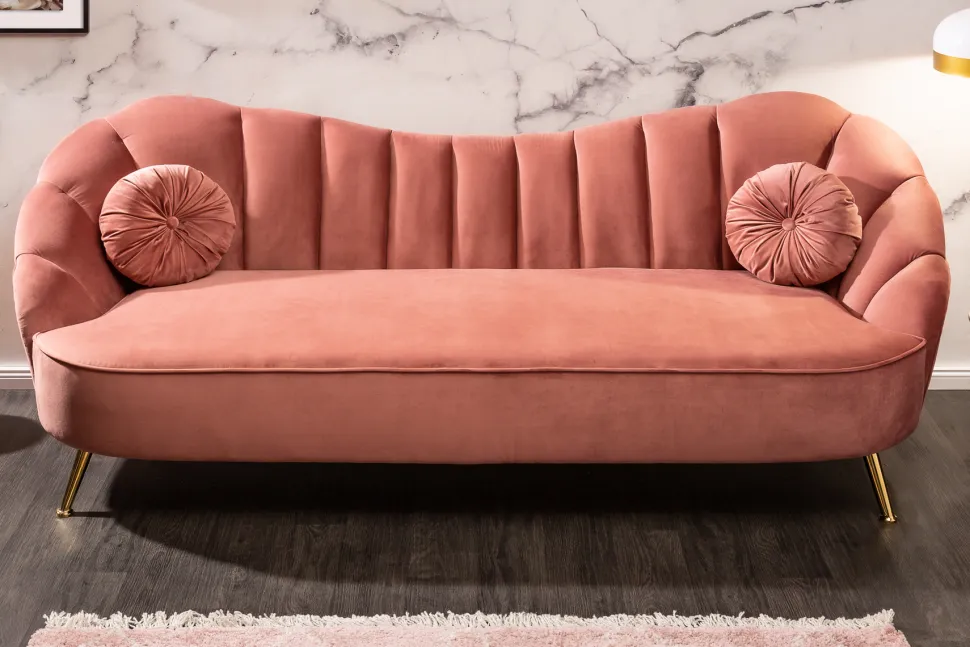 Retro 3-Sitzer Sofa ARIELLE 220cm altrosa Samt goldene Metallfüße Ziersteppung