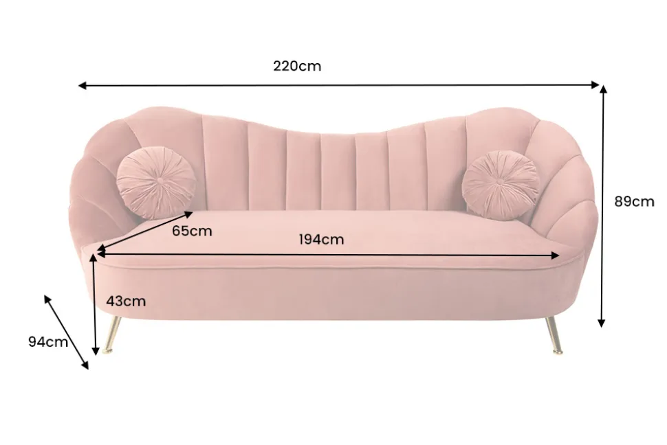Retro 3-Sitzer Sofa ARIELLE 220cm altrosa Samt goldene Metallfüße Ziersteppung