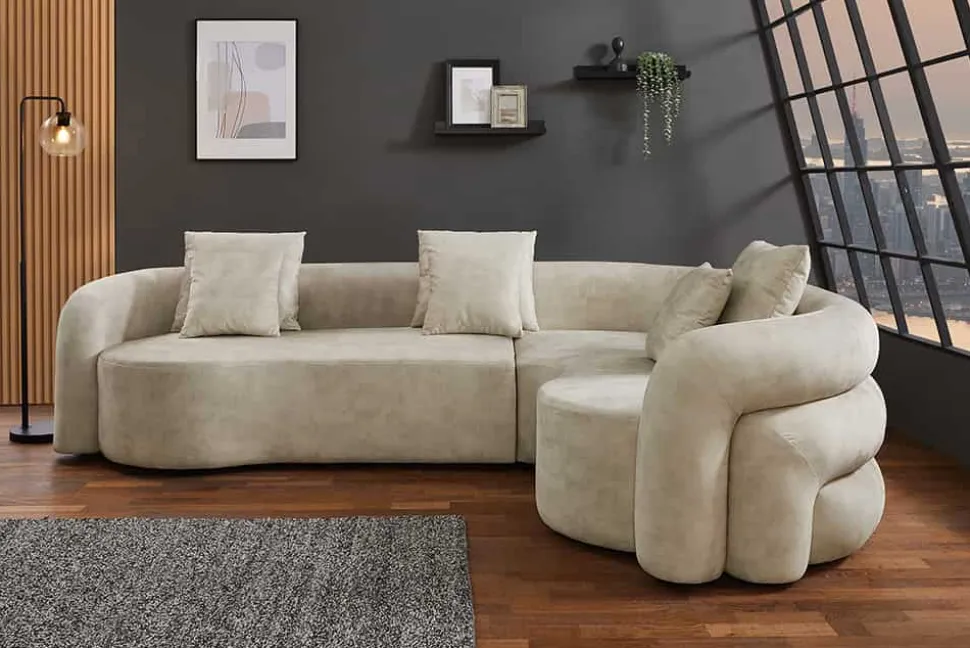 Retro Wohnlandschaft VOGUE 290cm beige Samt XXL-Sofa organische Form inkl. Kissen