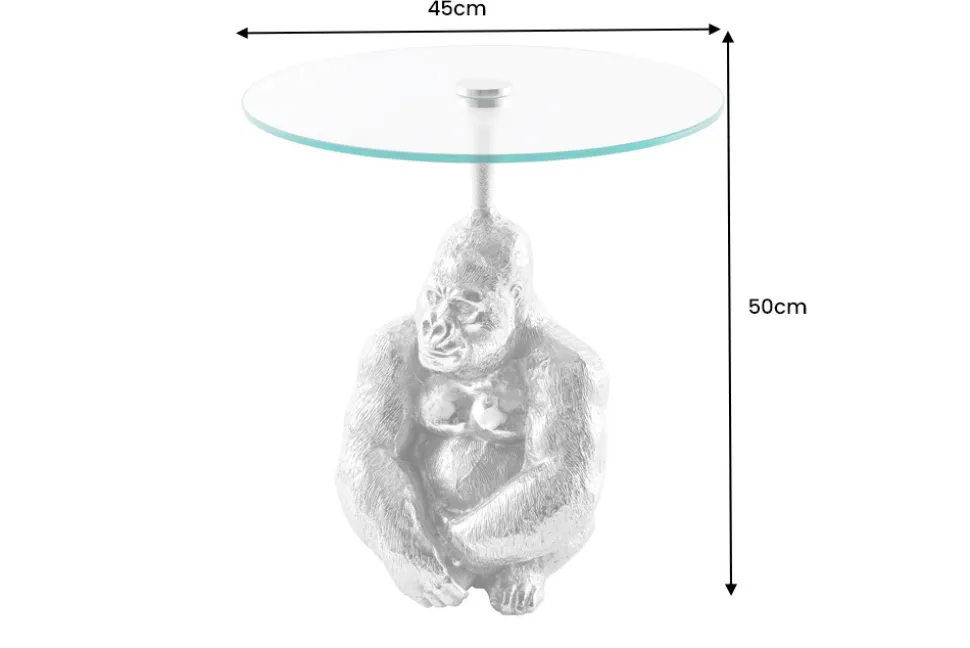 Runder Beistelltisch KONG 50cm silber Metall Glas Affenfigur Gorilla Skulptur