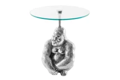 Runder Beistelltisch KONG 50cm silber Metall Glas Affenfigur Gorilla Skulptur