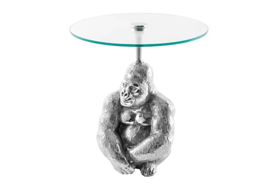Runder Beistelltisch KONG 50cm silber Metall Glas Affenfigur Gorilla Skulptur