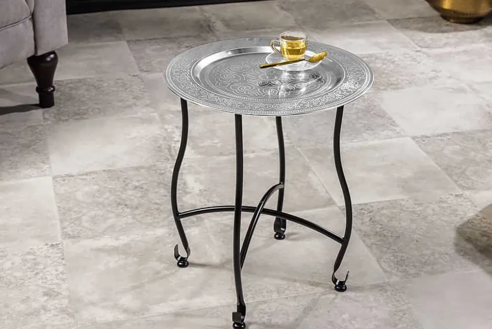 Runder Beistelltisch MARRAKESCH 50cm silber Teetisch abnehmbares Tablett klappbar