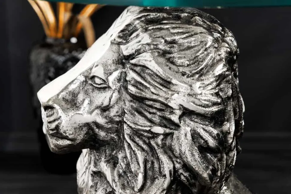 Runder Beistelltisch WILDLIFE LION 60cm silber antik Metall Glas Löwen Skulptur