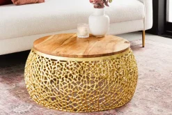 Runder Couchtisch ABSTRACT LEAF 75cm gold Metall massiv Akazienholz filigrane Handarbeit