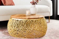 Runder Couchtisch ABSTRACT LEAF 75cm gold Metall massiv Akazienholz filigrane Handarbeit