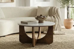 Runder Couchtisch ENSO 60cm weiß Marmor braun massiv Mangoholz