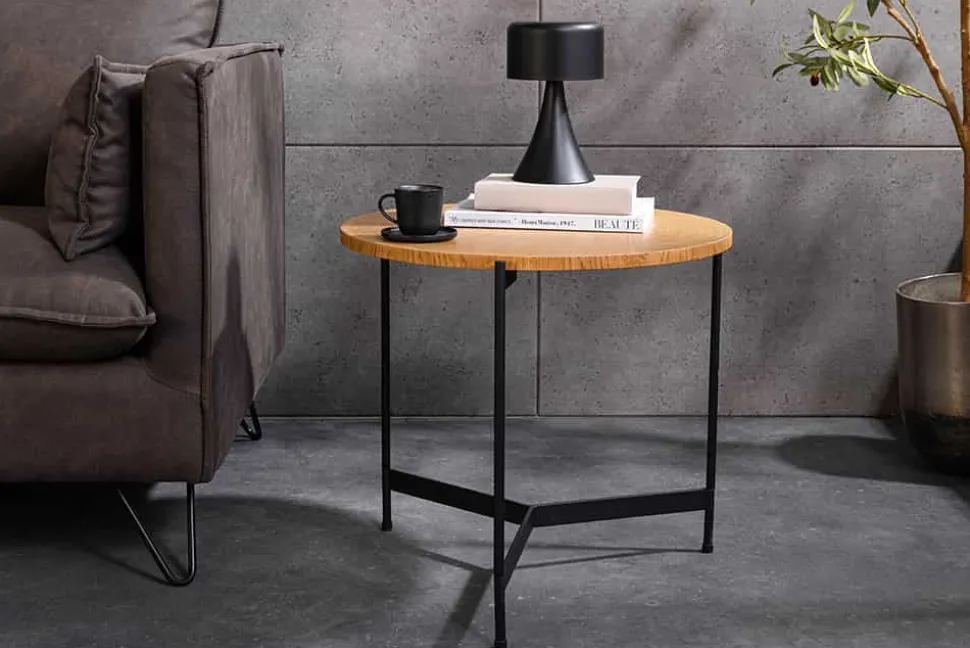 Runder Couchtisch FUSION 50cm Baumscheibe Eiche schwarz Metall Beistelltisch