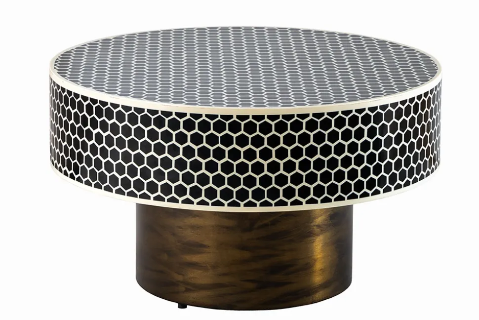 Runder Couchtisch HARMONY NATURE 60cm schwarz weiß gold mit Mosaik