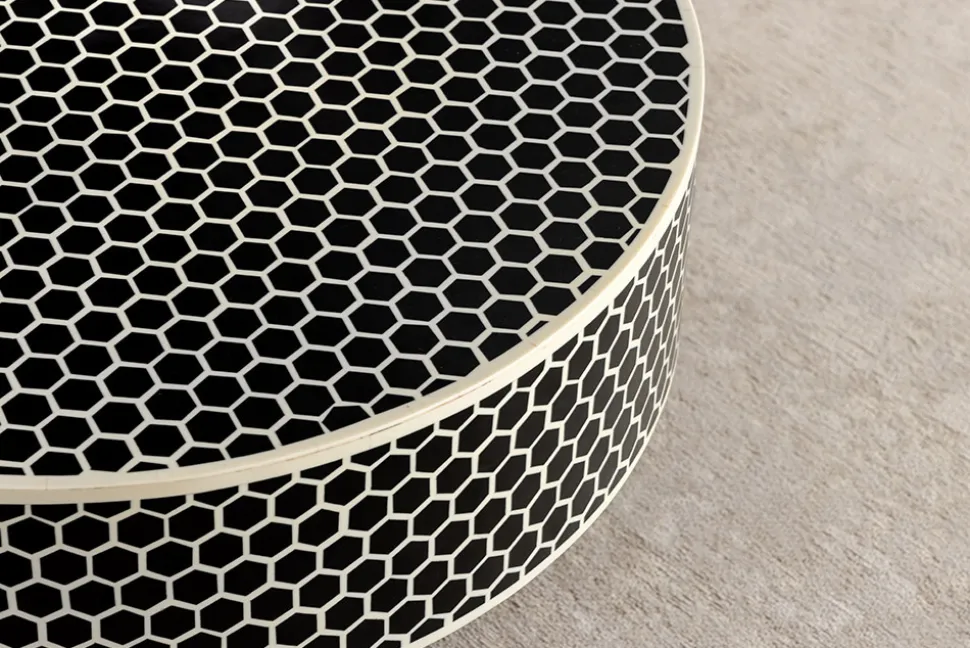Runder Couchtisch HARMONY NATURE 60cm schwarz weiß gold mit Mosaik
