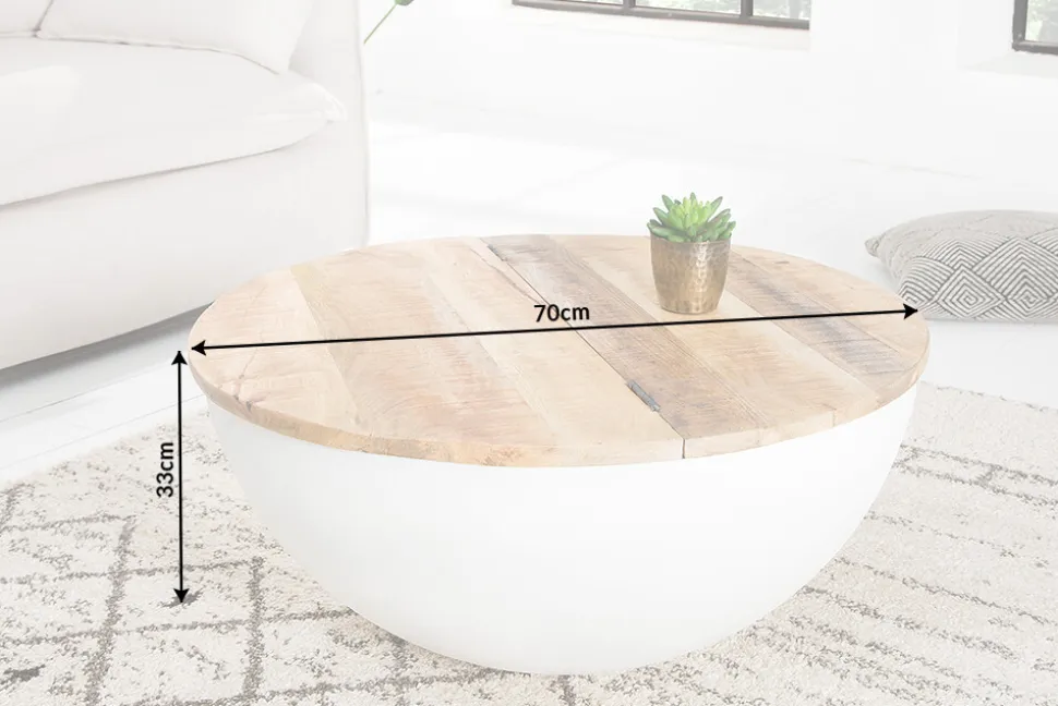 Runder Couchtisch INDUSTRIAL STORAGE 70cm weiß natur Massivholz mit Stauraum handmade