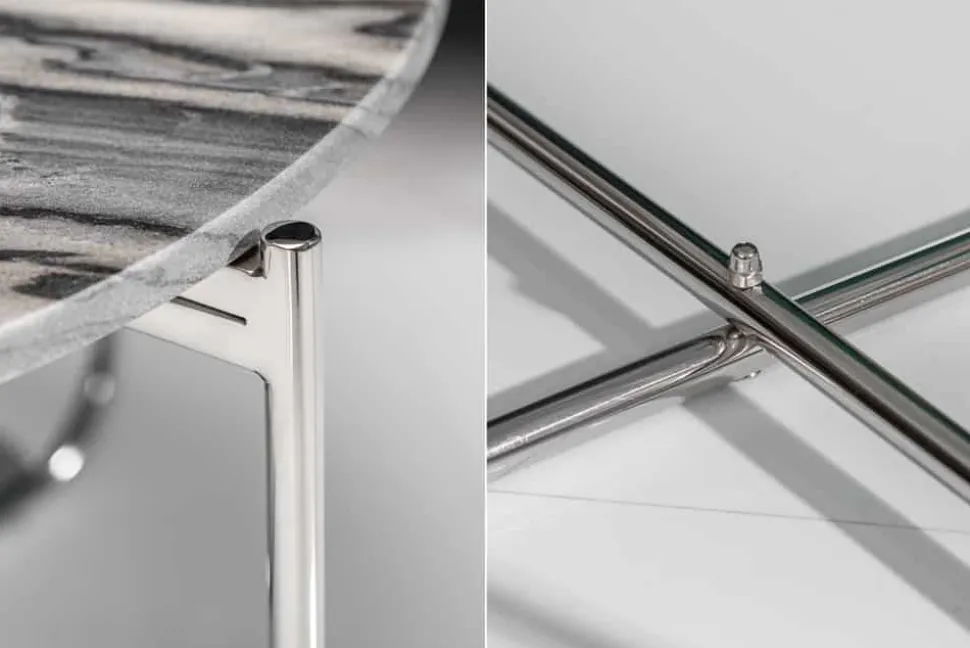 Runder Couchtisch NOBLE 65cm grau Marmor abnehmbare Tischplatte klappbar silber Metall