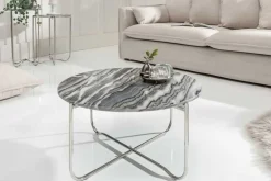Runder Couchtisch NOBLE 65cm grau Marmor abnehmbare Tischplatte klappbar silber Metall