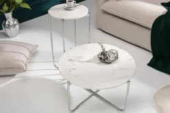 Runder Couchtisch NOBLE 65cm weiß Marmor abnehmbare Tischplatte klappbar silber Metall