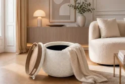Runder Couchtisch ORBIT 50cm beige Bouclé Hocker mit Tablett und Stauraum