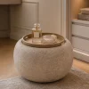 Runder Couchtisch ORBIT 50cm champagner-greige Bouclé Hocker mit Tablett und Stauraum